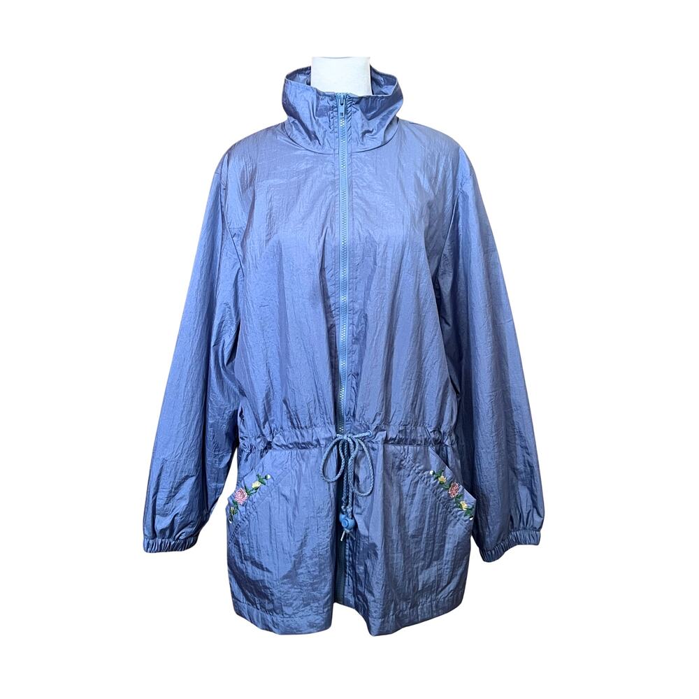 Vtg 80s Blair Windbreaker L Blue Embroidered Flowers Cottagecore Retro Whimsical
